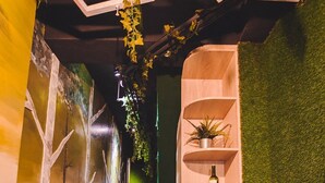 A narrow hallway with a wooden ceiling structure, green artificial grass wall, and a shelf with a potted plant and a bottle. - 返 璞歸真KO hostel 墾丁背包客棧 (Hengchun)