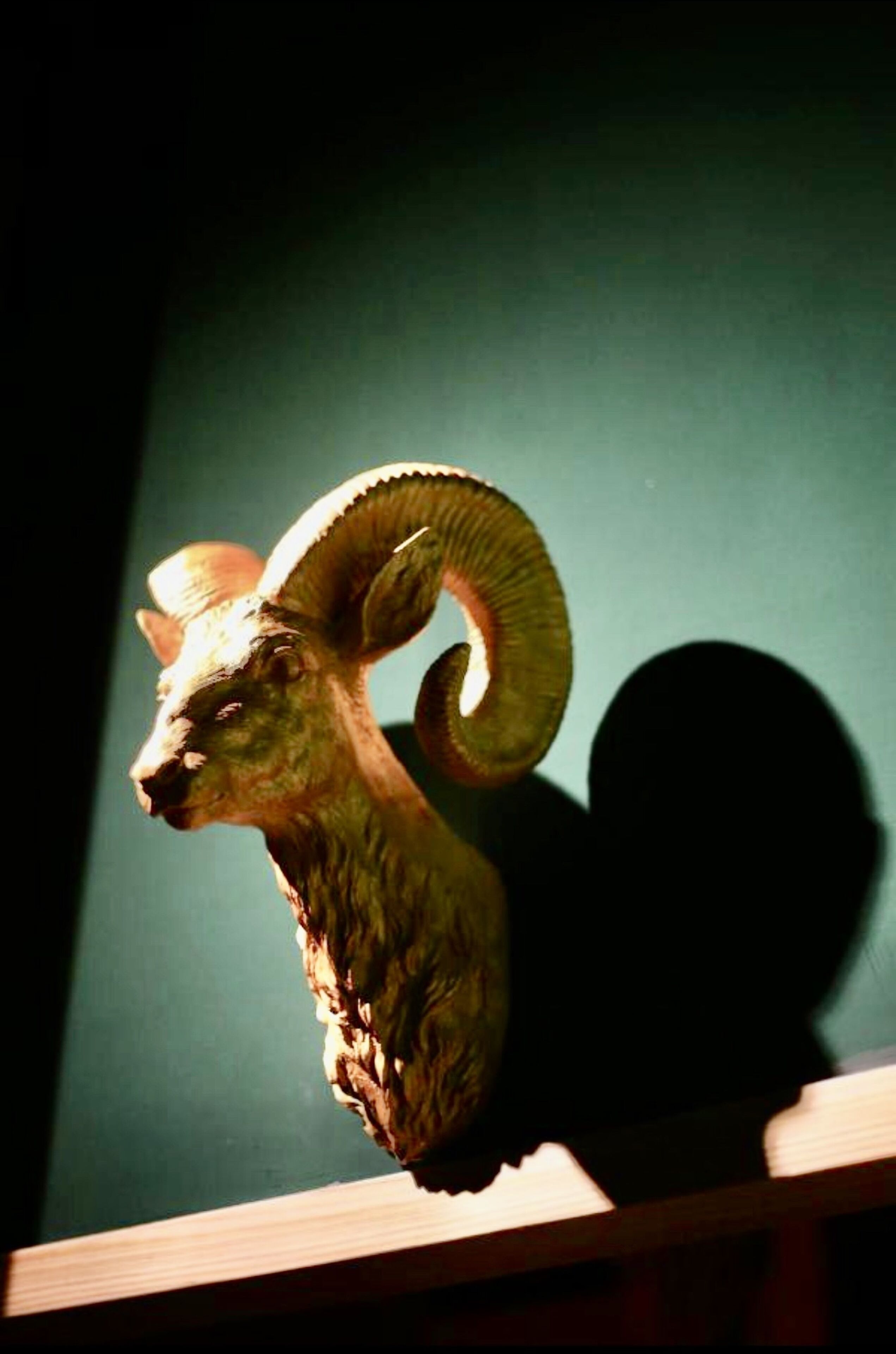 Escultura de cabeça de carneiro em uma prateleira de madeira, diante de uma parede escura.