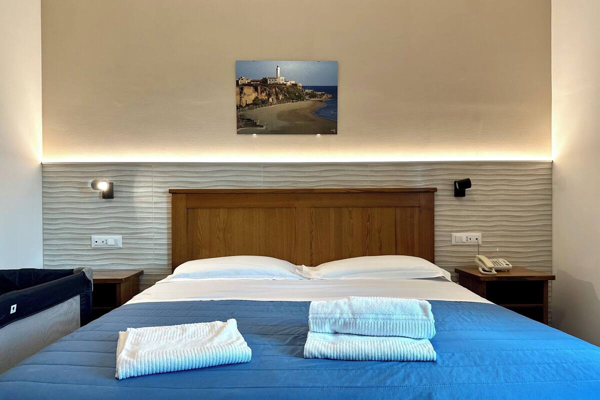 A hotel room with a large bed, two nightstands, a wall-mounted lamp, a telephone, and a framed picture of a coastal scene.