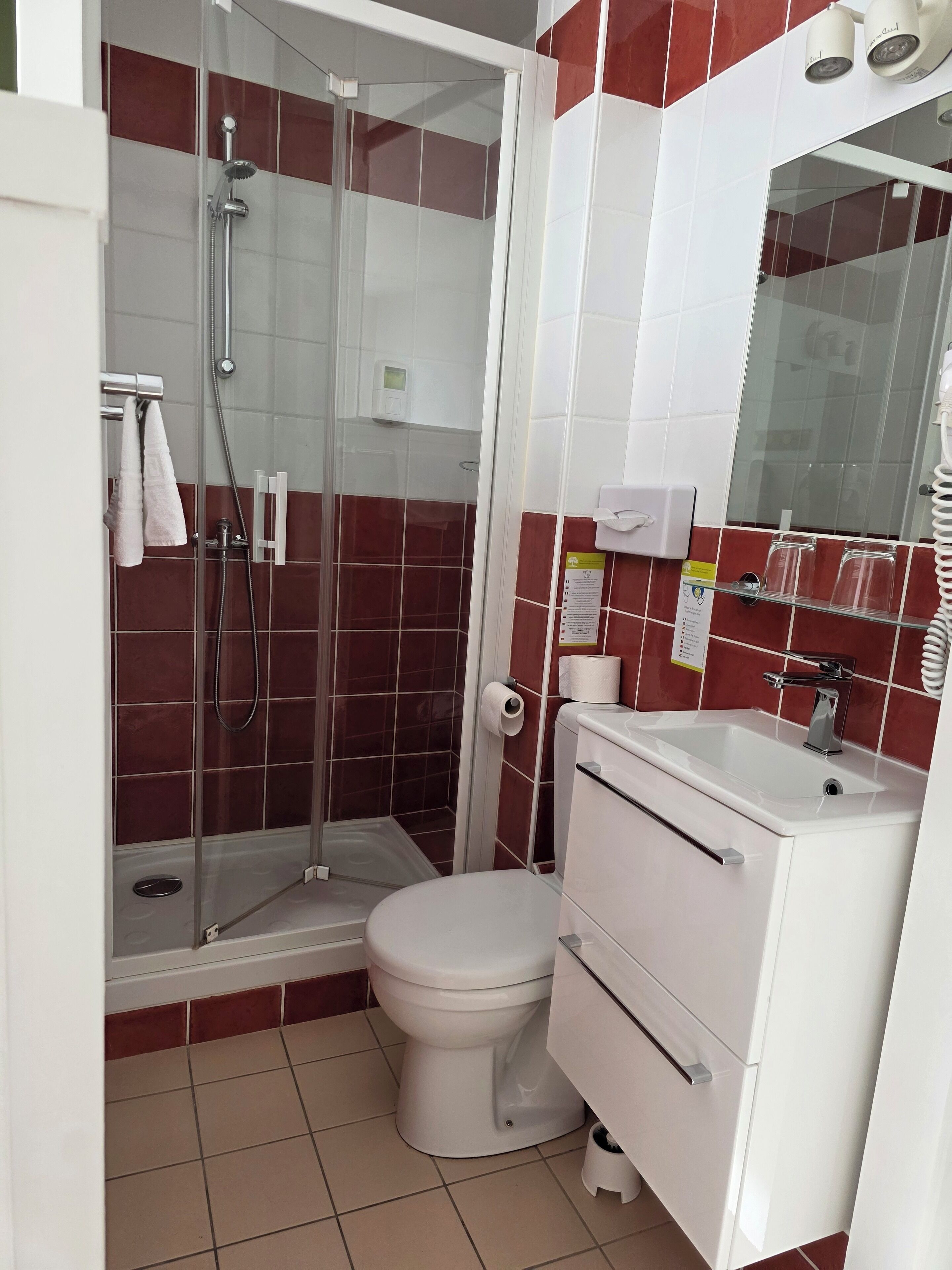 Un baño con ducha de vidrio, inodoro y lavamanos con espejo.
