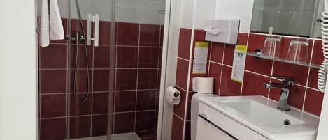 A bathroom with a glass-enclosed shower, a toilet, and a sink with a mirror above it.