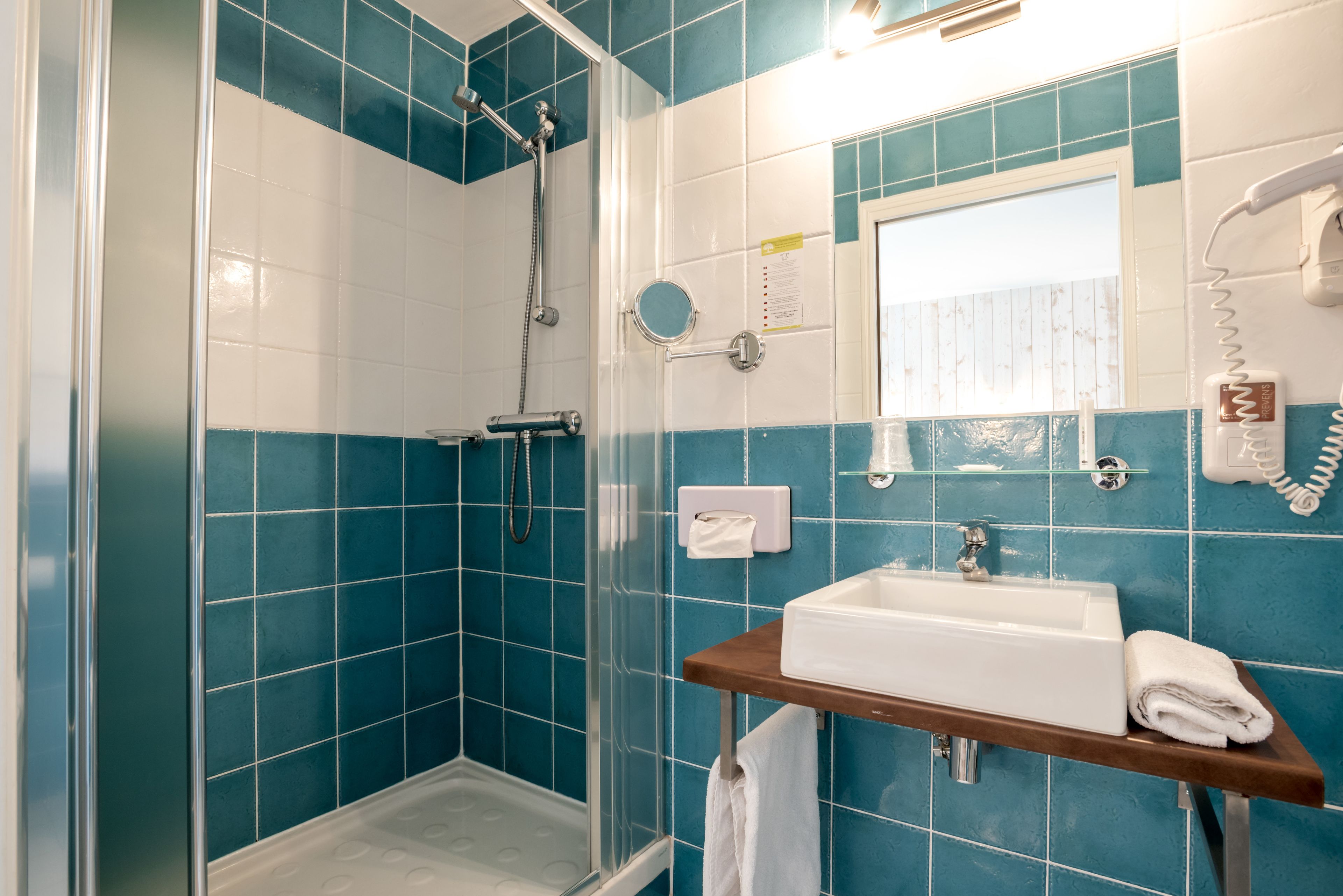 shower, free toiletries, hair dryer, towels