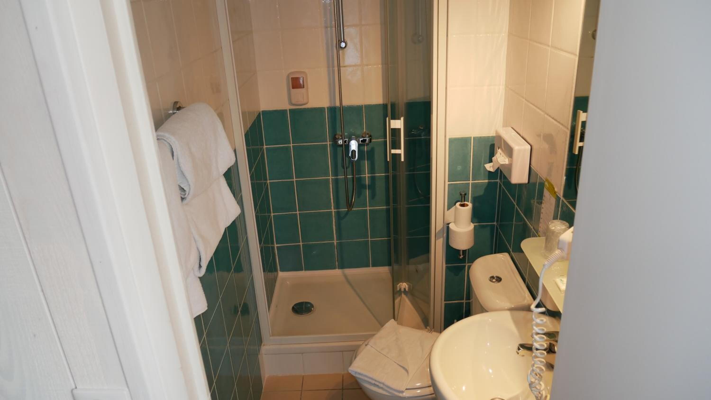 shower, free toiletries, hair dryer, towels