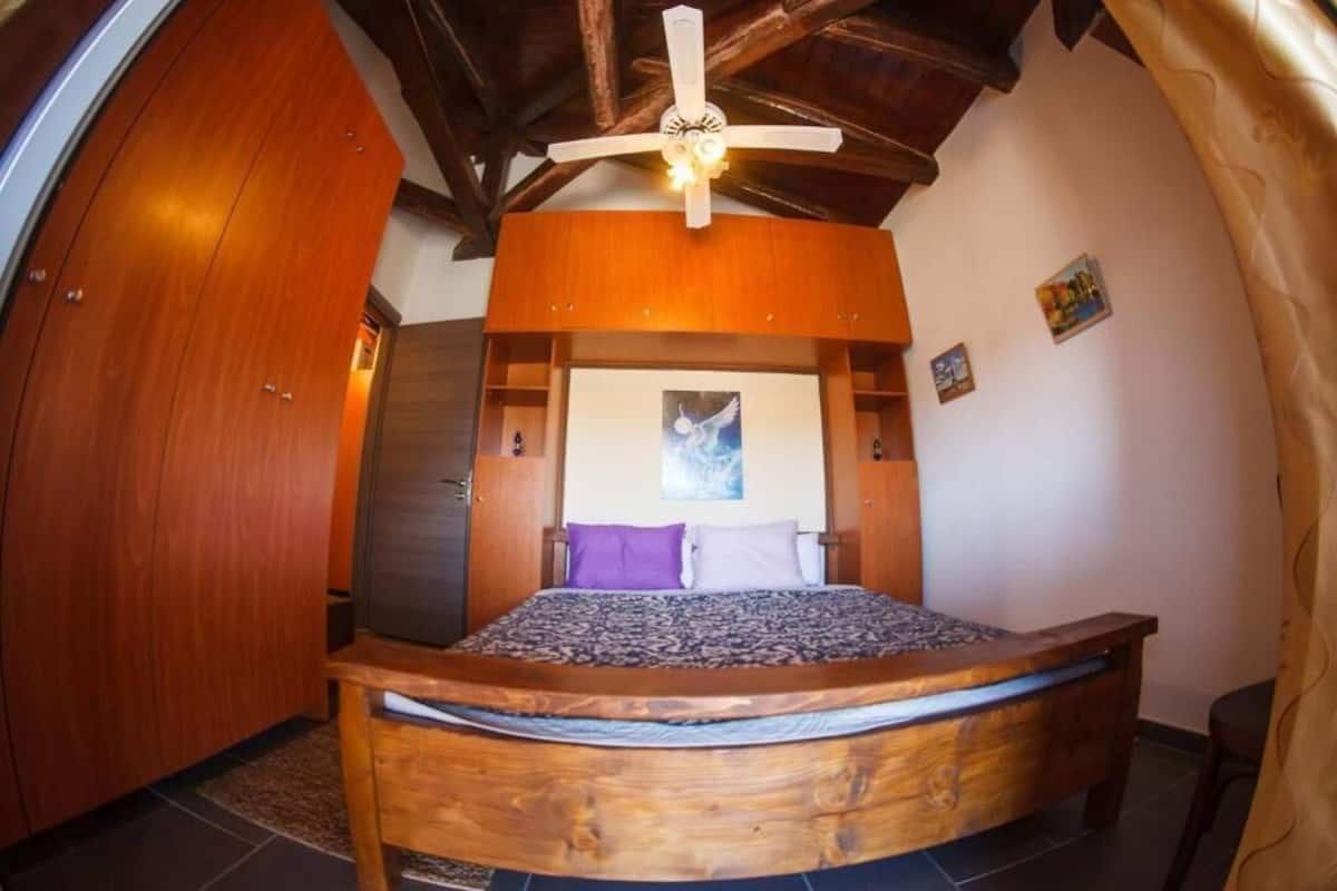 A bedroom with a curved wooden bed, wooden walls, a ceiling fan, and a framed picture on the wall.