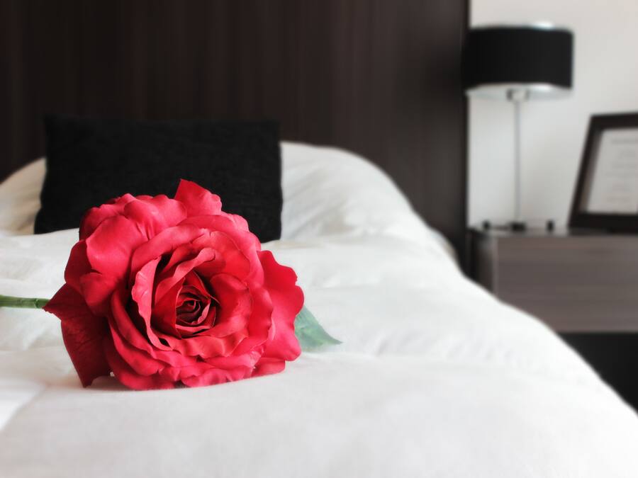 Uma cama com roupa de cama branca e uma única rosa vermelha.