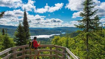 A person standing on a wooden observation deck with a clear view of a lake and mountains in the distance.