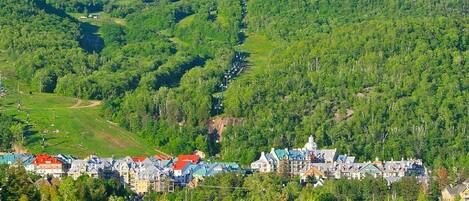 A coastal town with a hillside, boats on the water, and a variety of buildings.