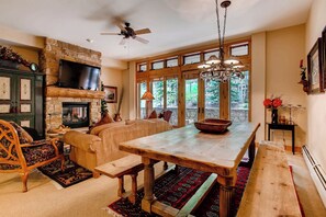 Télévision, cheminée, lecteur de DVD, chaîne hi-fi