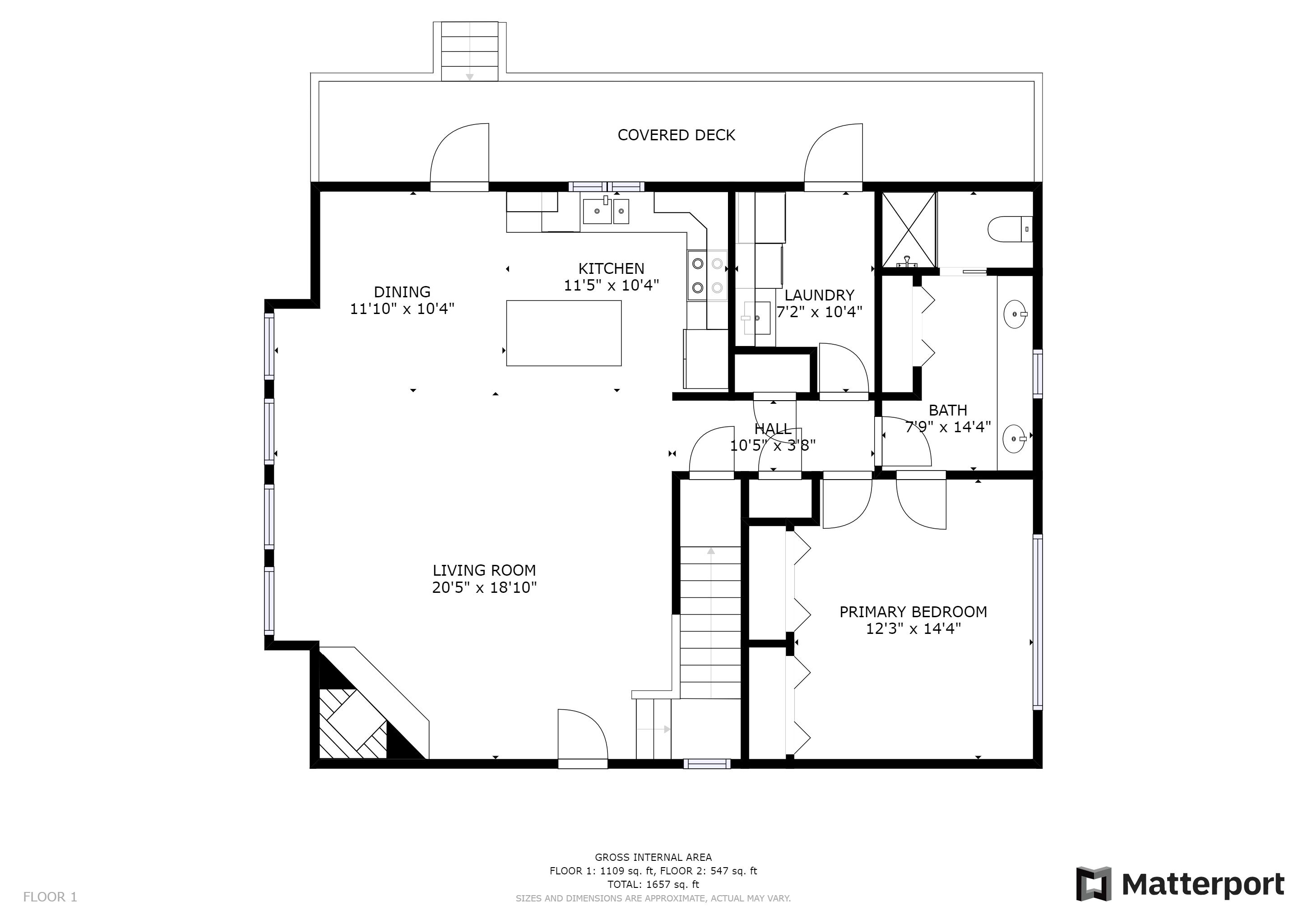 Grundriss eines Hauses mit überdachter Terrasse, Esszimmer, Küche, Waschraum, Bad, Wohnzimmer, Flur und Hauptschlafzimmer.