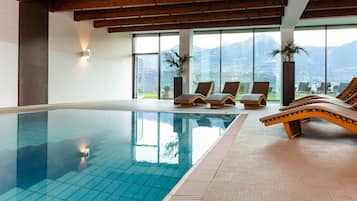 Indoor pool, outdoor pool, sun loungers
