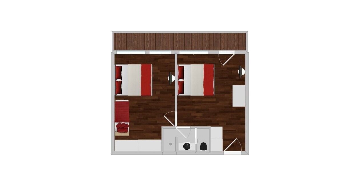 A floor plan of a hotel room with a wooden wall, two beds, a bathroom, and a kitchenette.