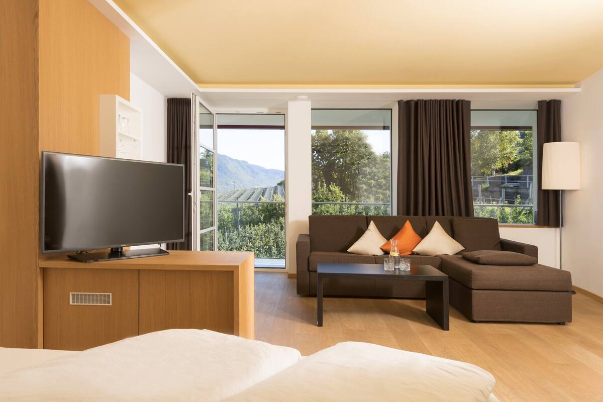 Una habitación de hotel moderna con una televisión de pantalla plana, un sofá, una mesa de centro y una cama.