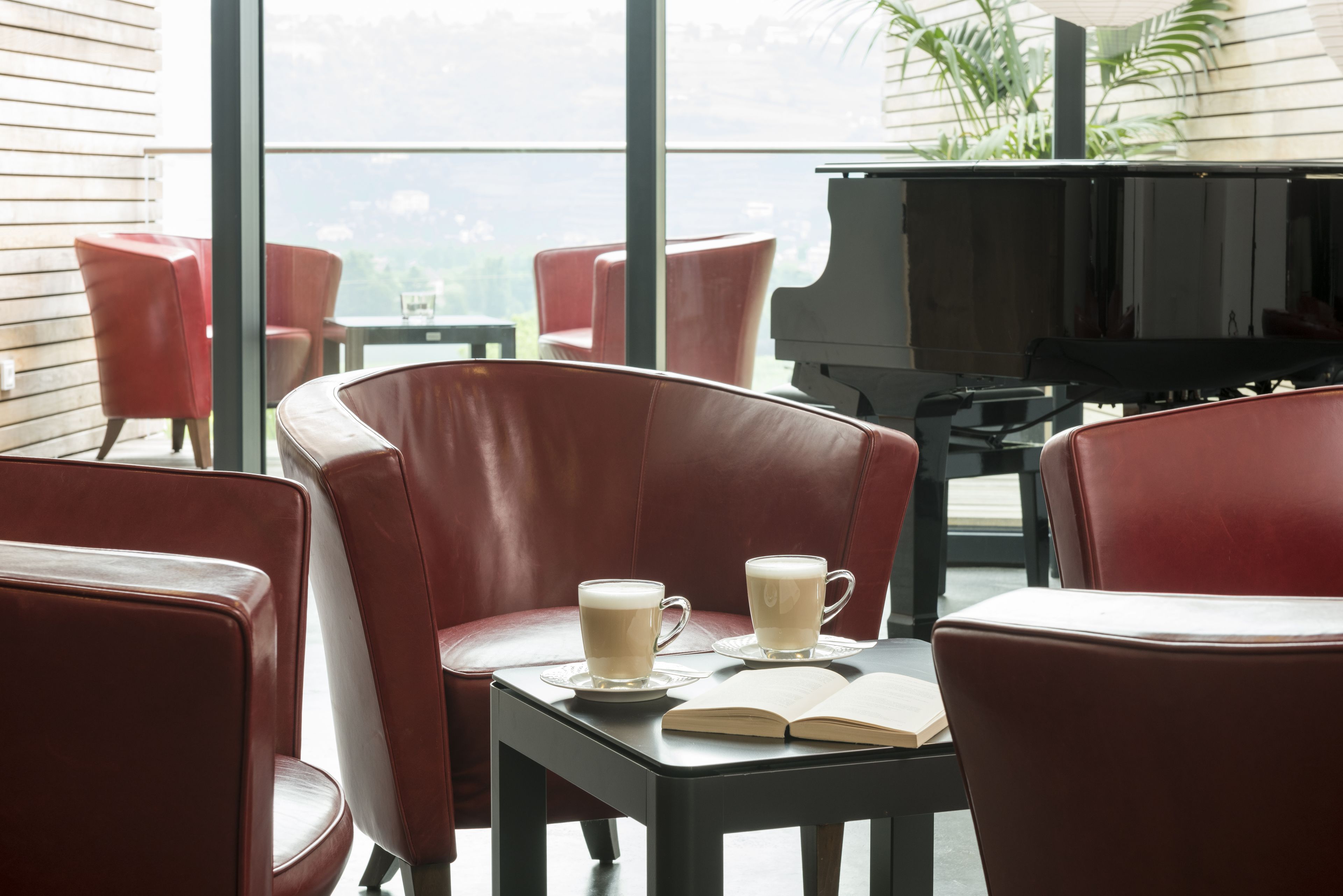 Una zona de estar acogedora con sillones de cuero, una mesa con dos tazas de café y un libro abierto.