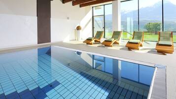 Indoor pool, outdoor pool, sun loungers