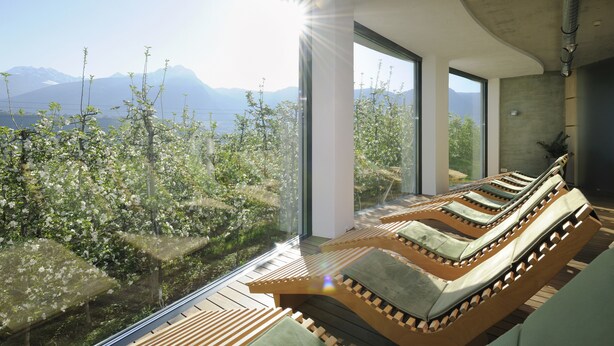 A sunlit room with a view of mountains and blooming trees, featuring wooden lounge chairs and large windows.