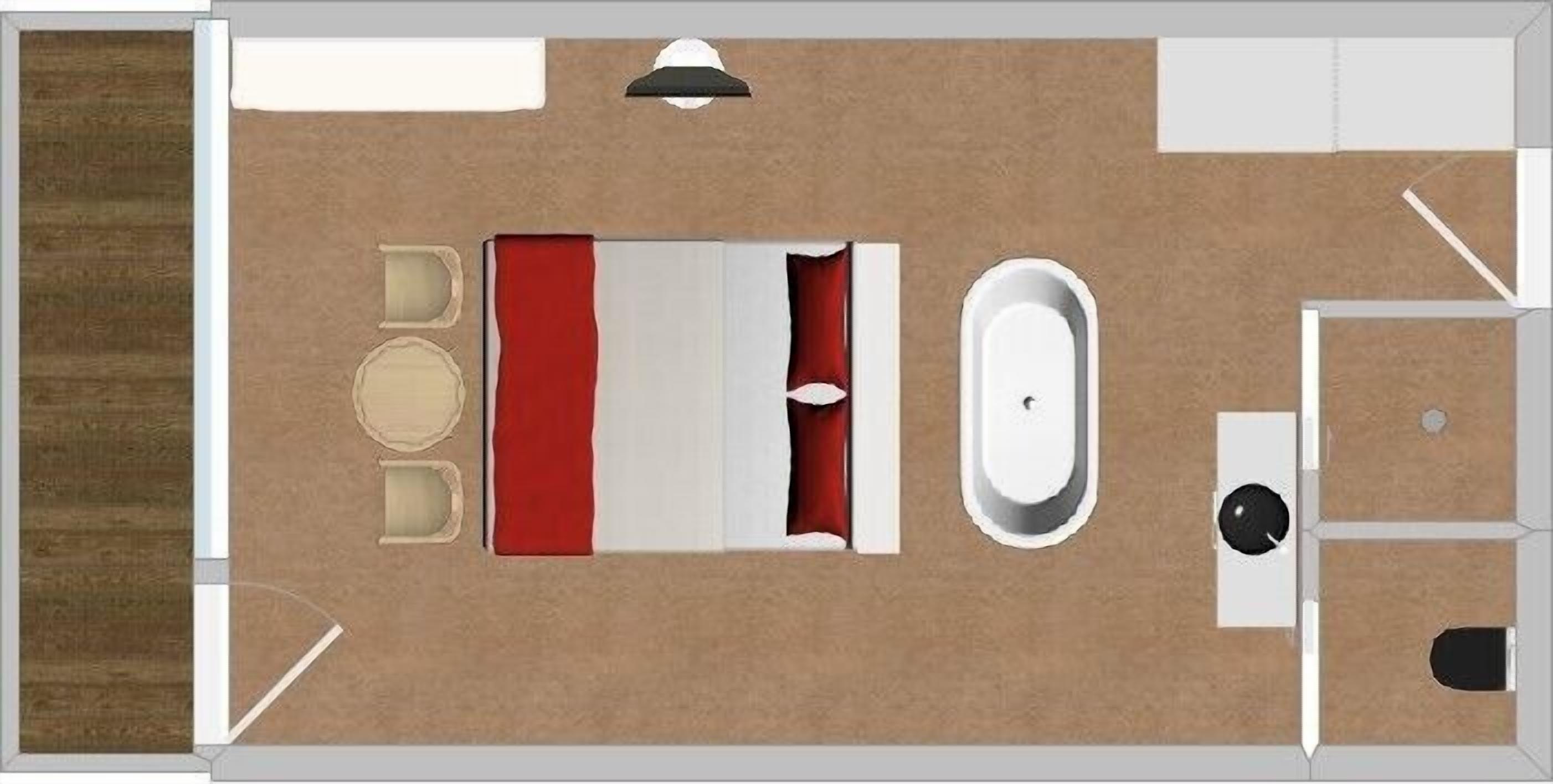 Distribución de una habitación de hotel con cama, escritorio, silla, sofá, una mesita, bañera y retrete.