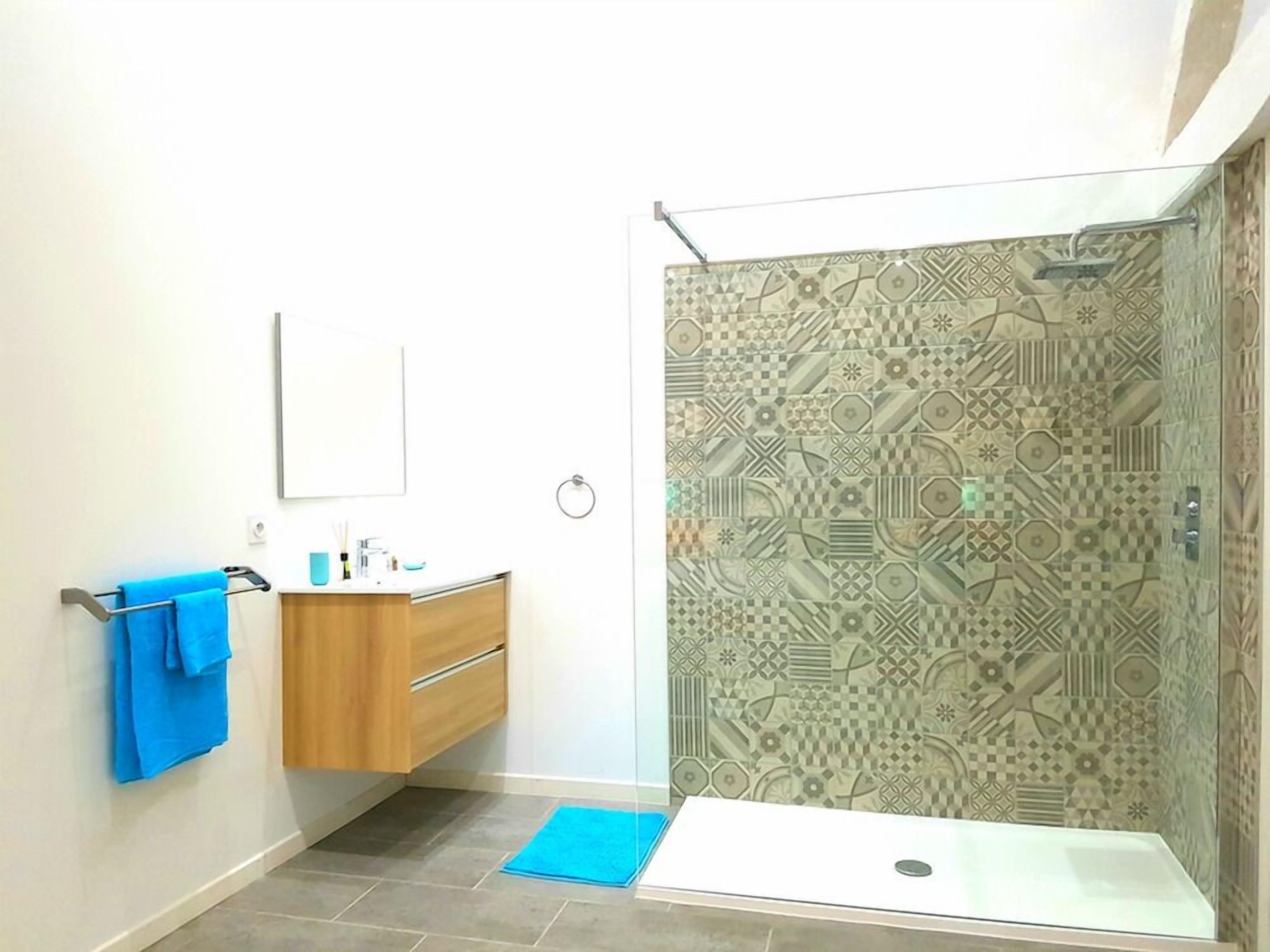 Een badkamer met een douche, wastafel en spiegel.