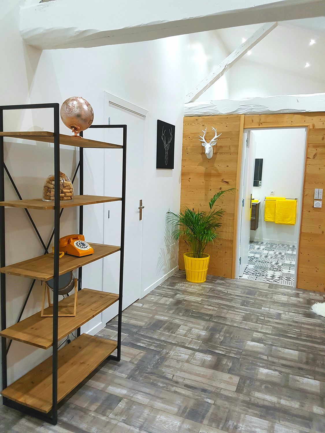 A modern interior with a wooden bookshelf, a globe, and a mounted deer head.
