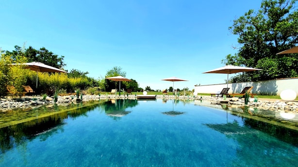 A clear pool with lounge chairs and umbrellas, surrounded by rocks and greenery. - Les Granges de Jules (Lafitte-Vigordanne)