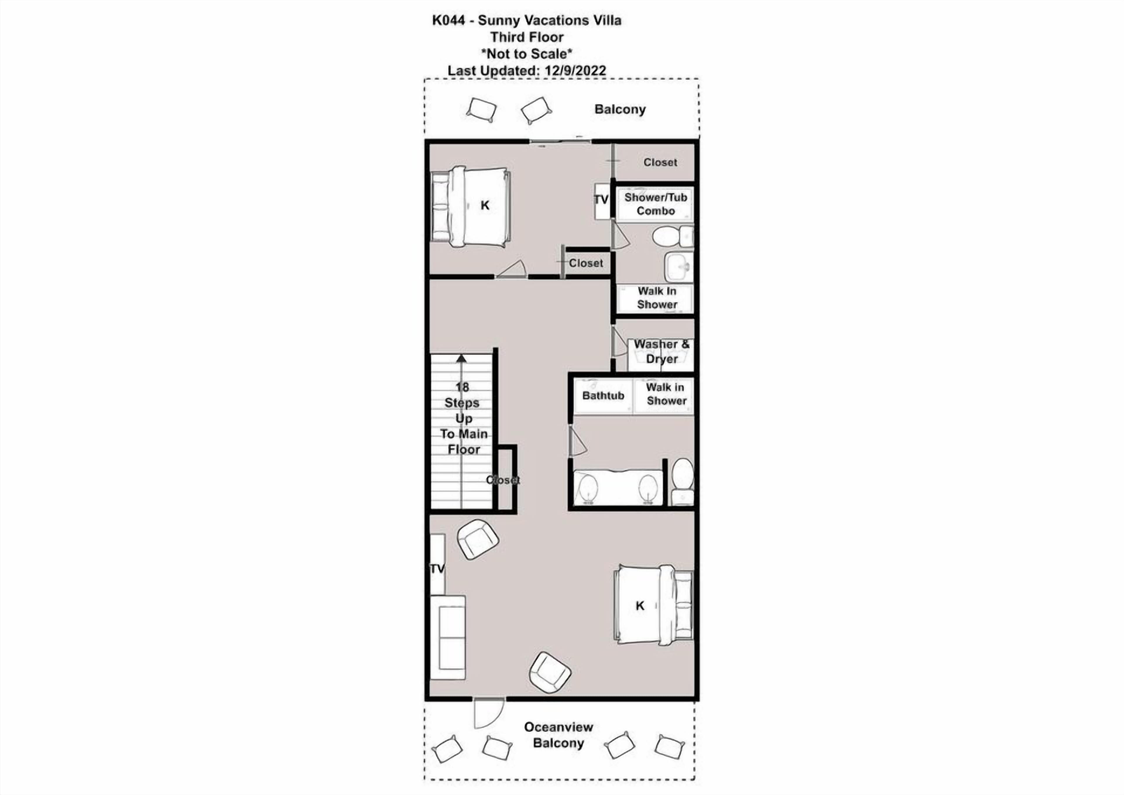 A floor plan of Sunny Vacations Villa, third floor, detailing room layouts, amenities, and views.