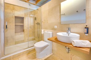 Shower, hair dryer, towels, toilet paper