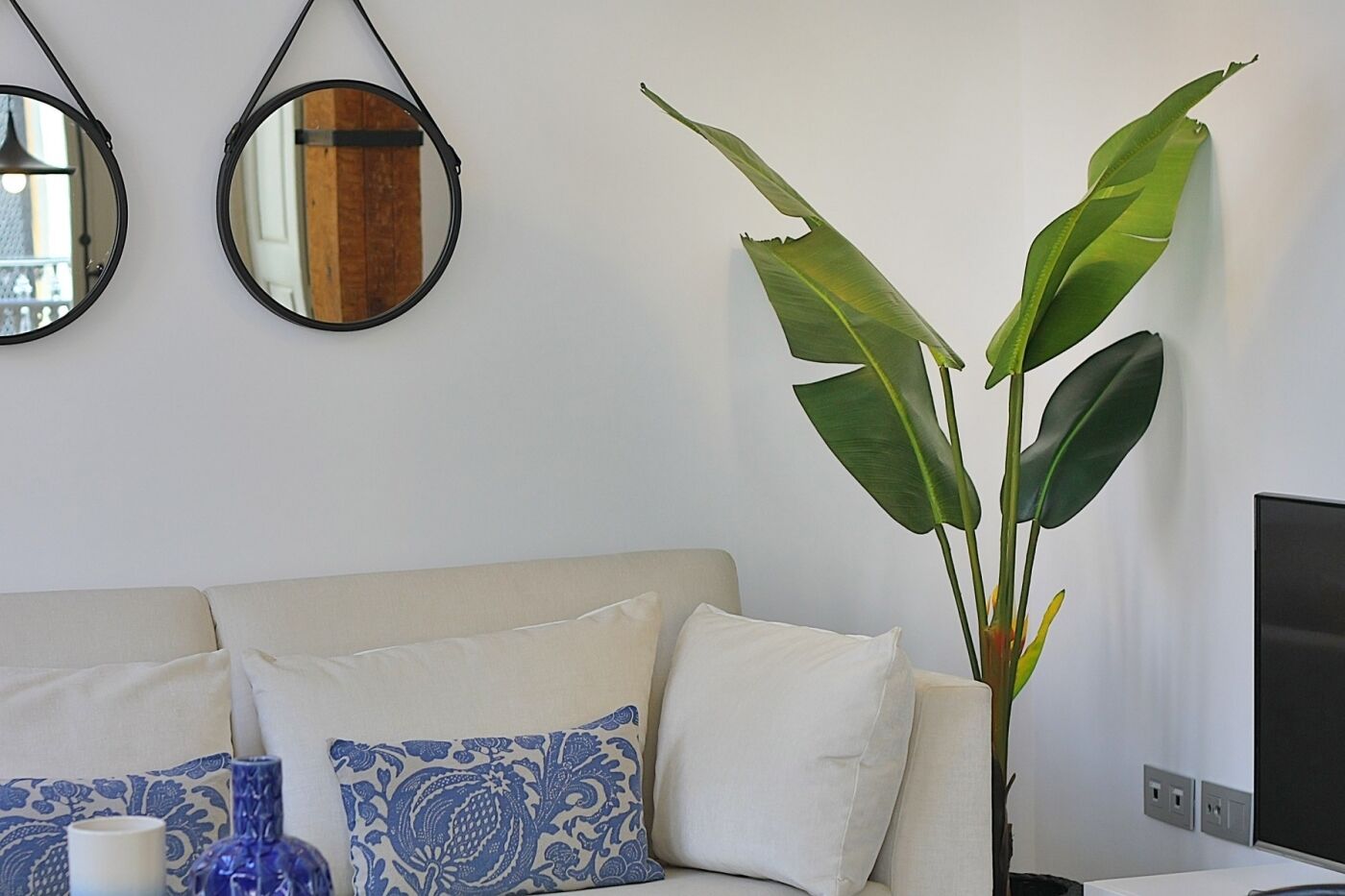 Un salón con un sofá beige, dos almohadas azules estampadas, una planta verde grande y dos espejos redondos en la pared.