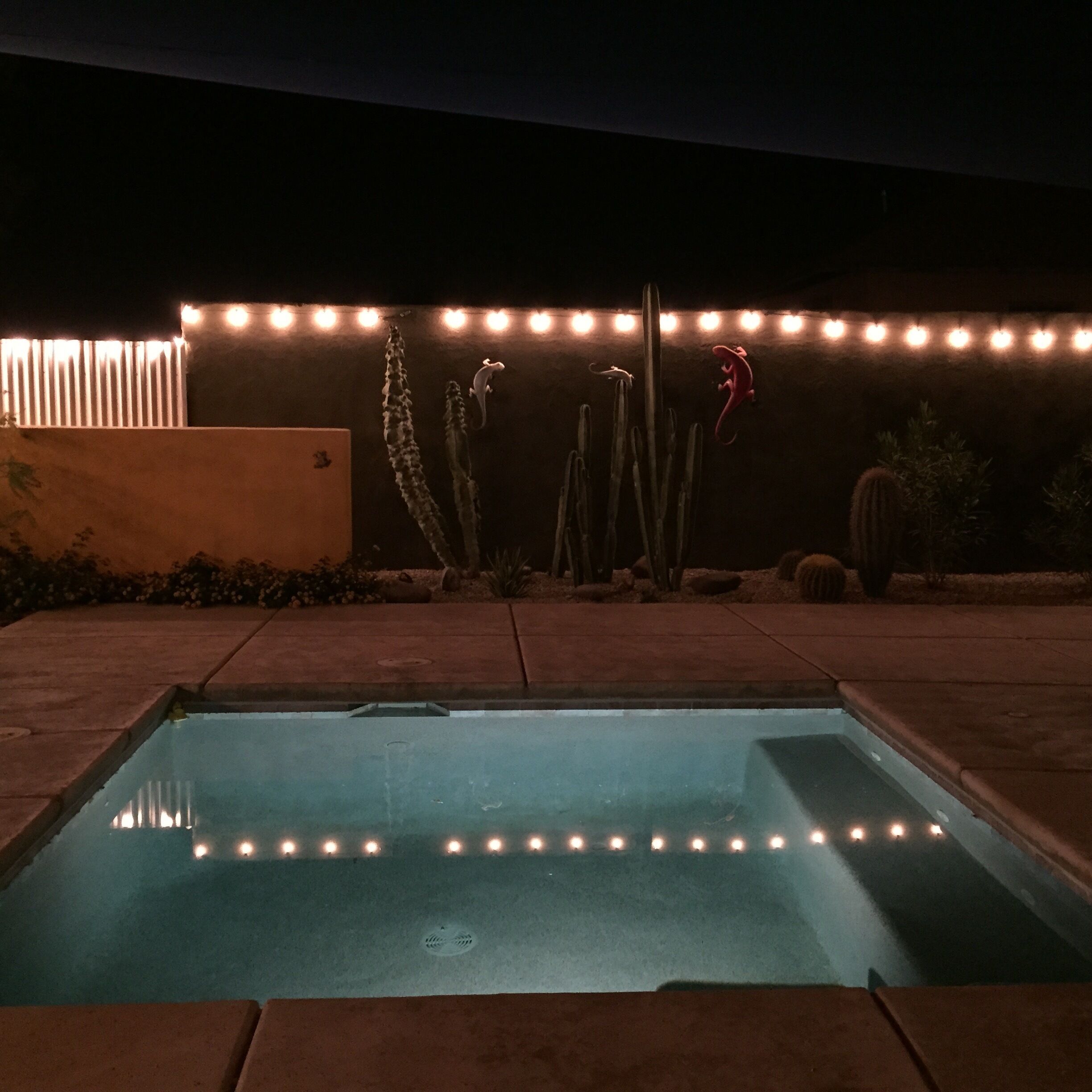 A swimming pool at night with string lights along the edge.