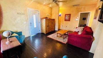 Smart TV, fireplace, DVD player, books