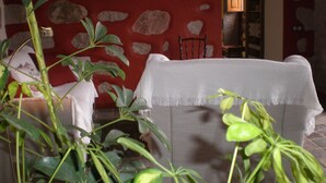 A room with a stone wall, a chair, and a plant. - Casa Rural Las Caldereras (Teror)