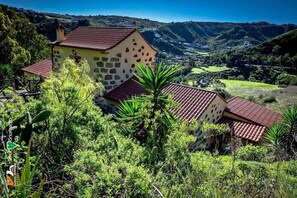 Una casa rurale con facciata in pietra e tetto in tegole rosse, immersa nel verde e con dolci colline sullo sfondo.
