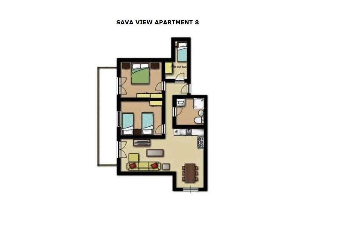 A floor plan of Sava View Apartment 8 with a living room, kitchen, two bedrooms, a bathroom, and a balcony.