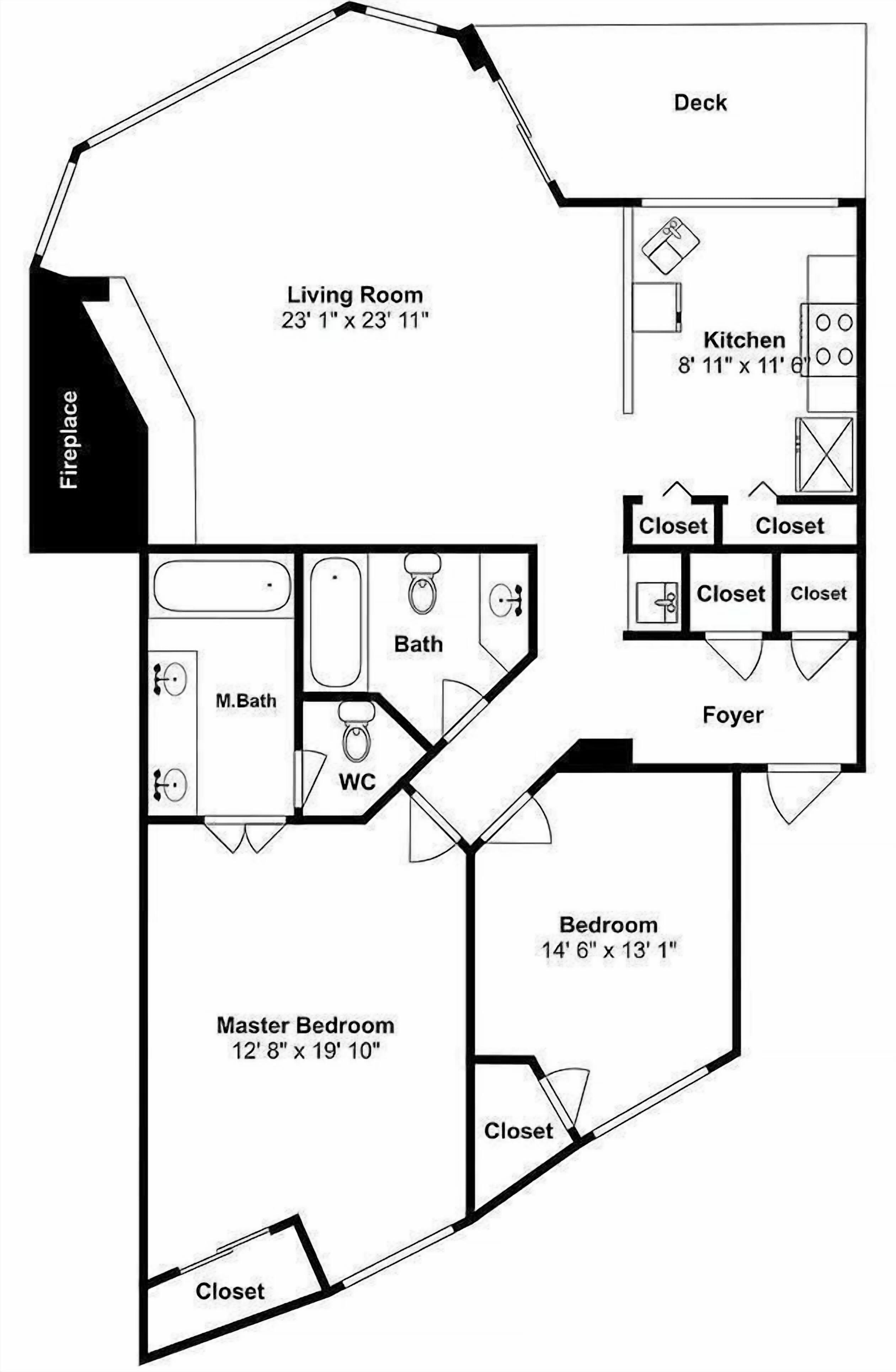 A floor plan of a house with a living room, kitchen, master bedroom, and two bedrooms.