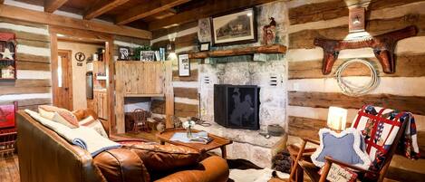 Tv, eldstad, dvd-spelare och ett filmbibliotek