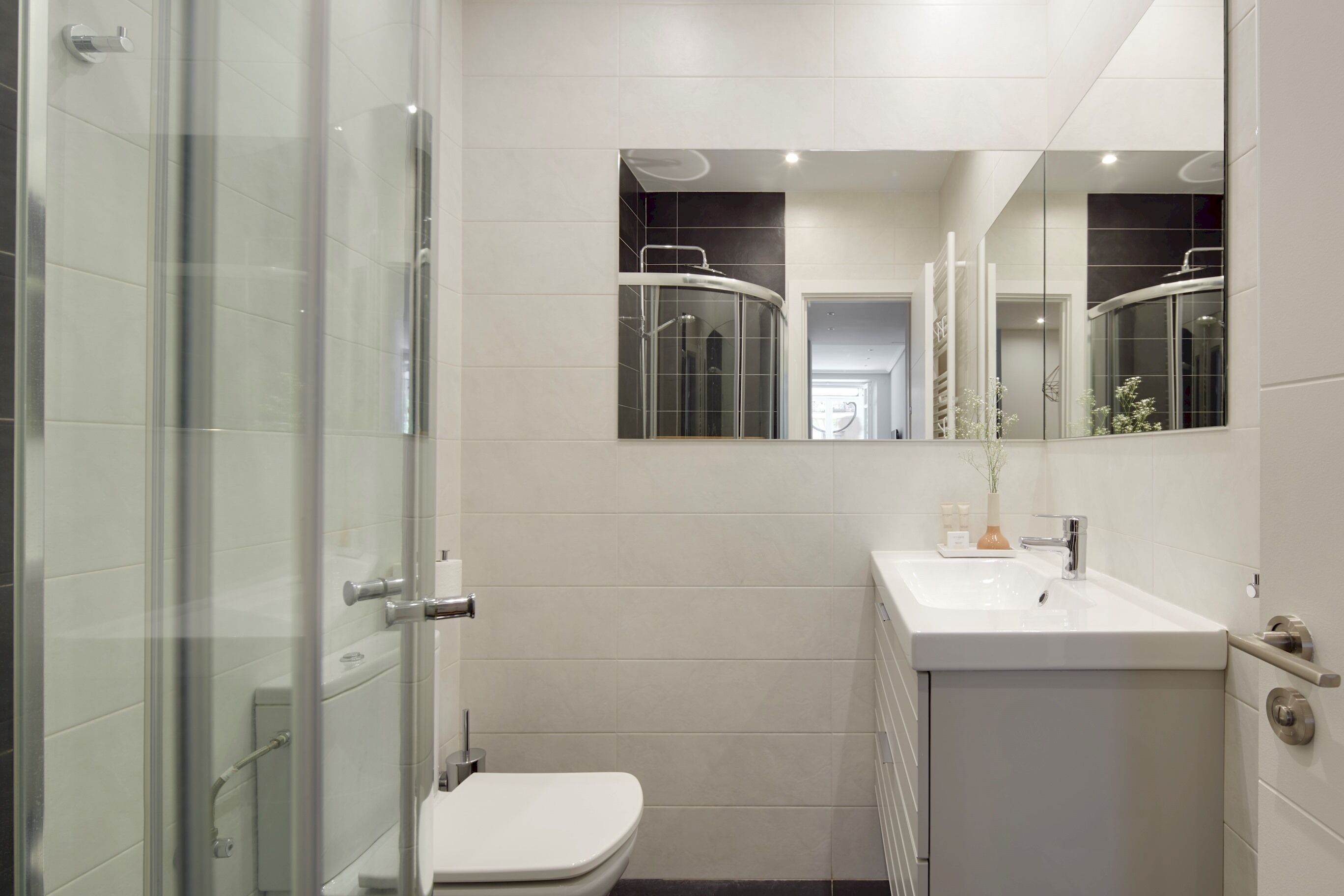 A modern bathroom with a glass shower enclosure, a white toilet, and a sink with a mirror above.