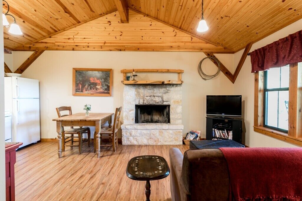 Una televisión, una chimenea, un reproductor de DVD