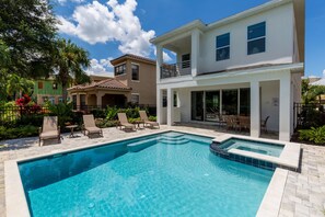 A heated pool, pool loungers