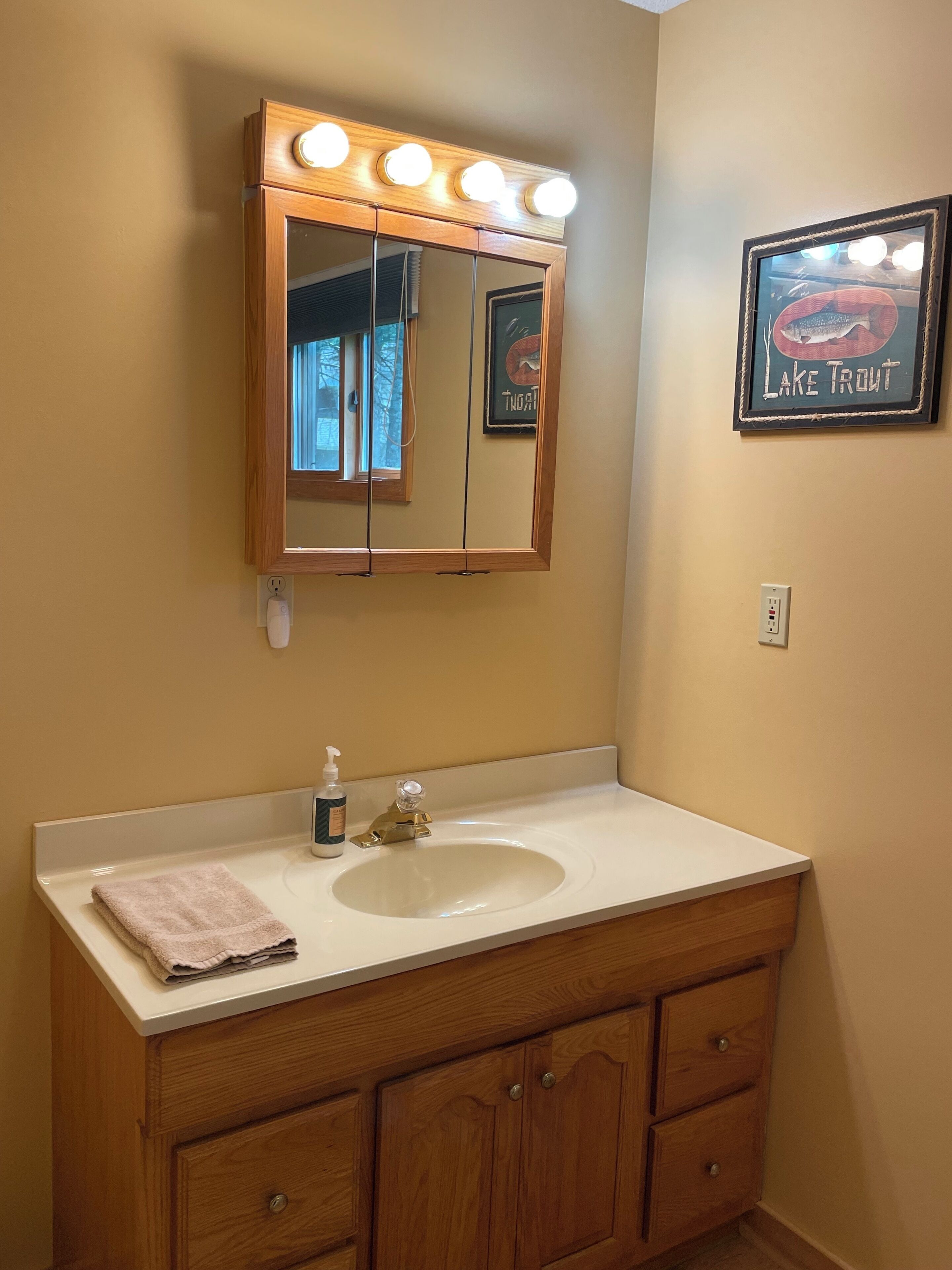 A bathroom with a vanity, a sink, a mirror with lights, a towel, and a framed picture on the wall.