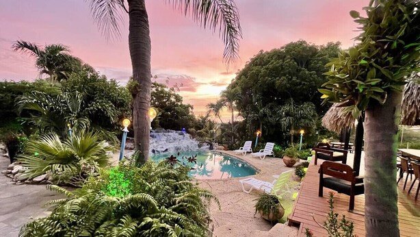 A pool area with lounge chairs, surrounded by tropical plants and a sunset view. - Aruba Villa Tropical (Noord)