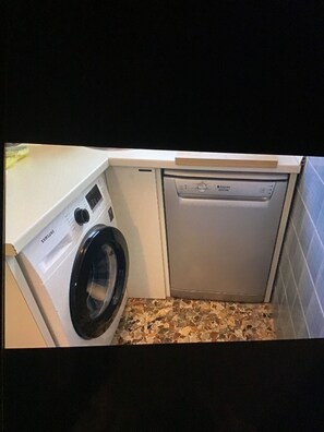 A compact laundry area with a washing machine and a dishwasher.