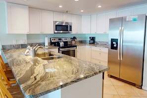Fridge, microwave, dishwasher, coffee/tea maker