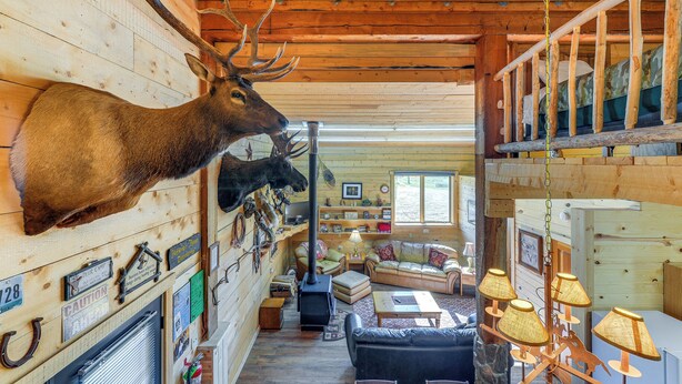 Interior de una cabaña de troncos con un venado montado en la pared, una chimenea y una zona de estar acogedora con un sofá y lámparas.