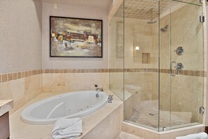 Shower, jetted tub, hair dryer, towels