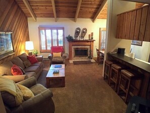 Relax in this inviting living room with a fireplace, sofa, and TV.