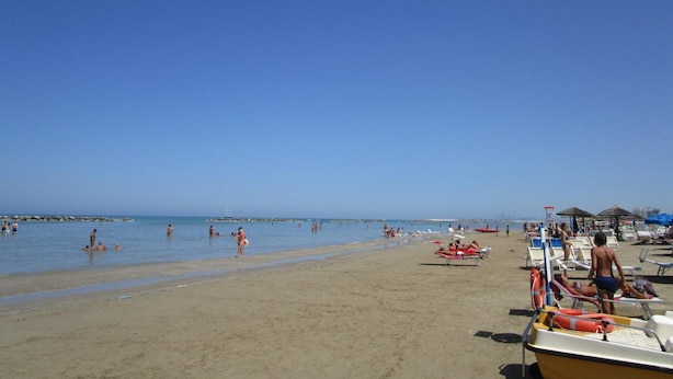 A beach with clear skies, people swimming and sunbathing, and lifebuoys lined up on the sand. - Albergo Hotel Primavera (Senigallia)