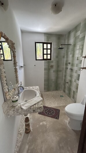 Chuveiro, secador de cabelo, toalhas de banho 