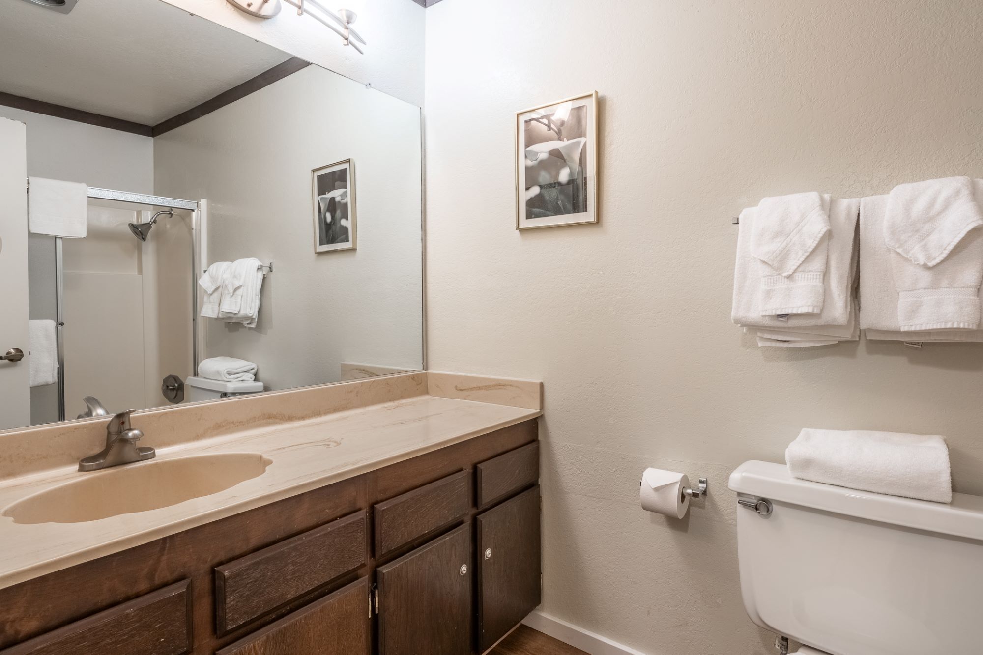 A bathroom with a sink, mirror, toilet, and towel rack.