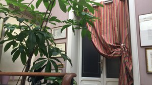 A room with a large plant, a door with a striped curtain, and framed certificates on the wall. - A La Maison Ravenna (Ravenna)