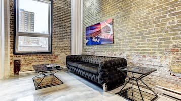 Télévision, cheminée, lecteur de DVD, services de streaming