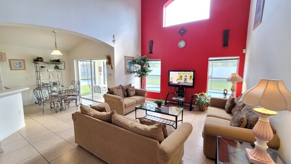 TV, DVD player, books, stereo