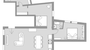 A floor plan of a hotel room with a kitchenette, a dining area, a bathroom, and a living area. - Ca' Rossini 1 Apartment (Venice)